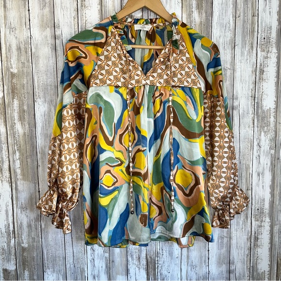 Entro All In A Day Abstract Brown/Yellow Satin Blouse - Picture 2 of 7